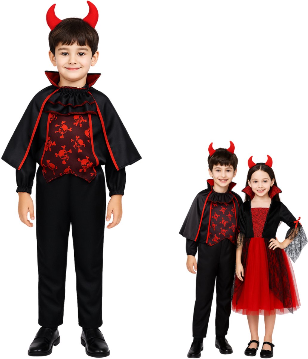 Joya Kids® | Vampier kostuum kind | Dracula verkleedpak jongen | Halloween kostuum met cape, duivelsoren & skelet shirt | Zwart en Rood Verkleedkostuum | Verkleedkleding Maat 150